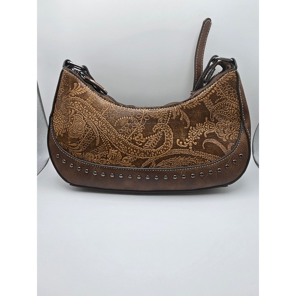 Rein & Bridle Brown Paisley Embossed Studded Shoulder Bag Hobo Handbag